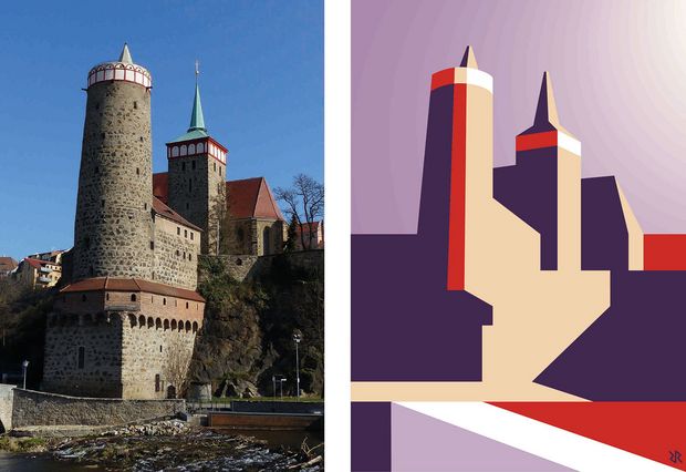 Ein Foto, das aus zwei Teilen besteht. Links sind man ein Foto der Alten Wasserkunst von Bautzen. rechts sieht man das gleiche bild als Computergrafik in Rottönen.