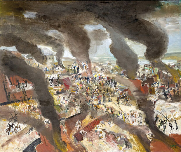 Harald Metzkes, Fallende Stadt (Falling City) 1991. Öl auf Leinwand. Schenkung 2025 aus Privatbesitz. Foto: Holger Hinz Harald Metzkes, Fallende Stadt (Falling City) 1991. Öl auf Leinwand. Schenkung 2025 aus Privatbesitz. Foto: Holger Hinz