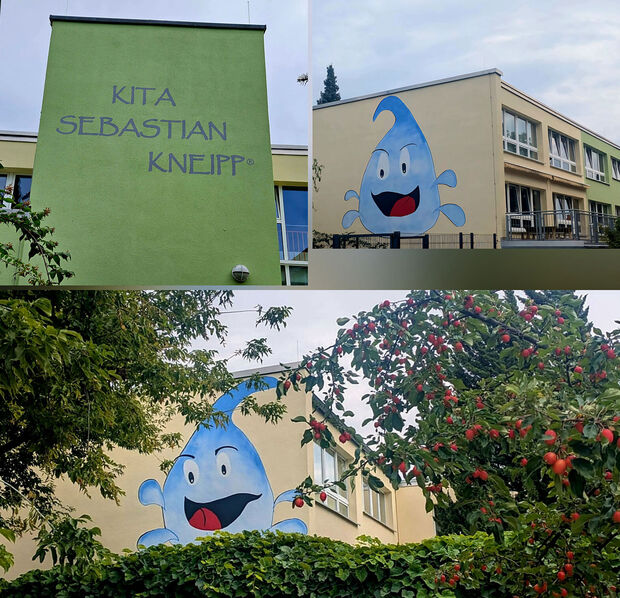 Kita Sebastian Kneipp® – frisch sanierte Fassade Fassade der Kita mit Schriftzug und zwei lachenden Wassertropfen