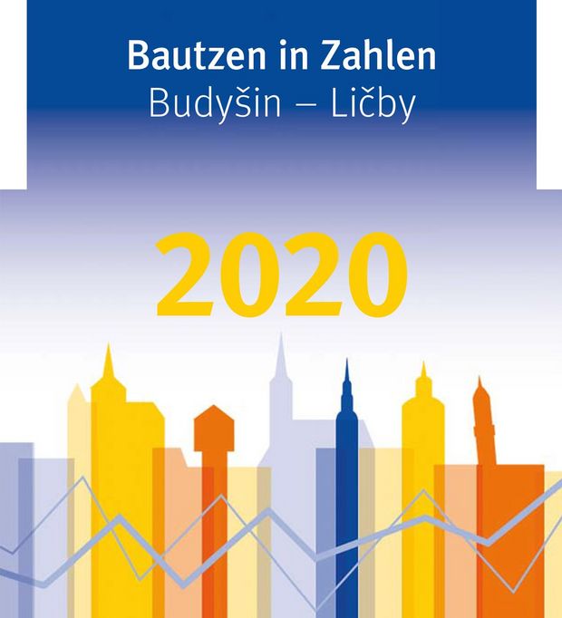 Grafik Bautzen in Zahlen 2020 Cover "Bautzen in Zahlen - 2020", Bunte Stadt auf blauen Hintergrund
