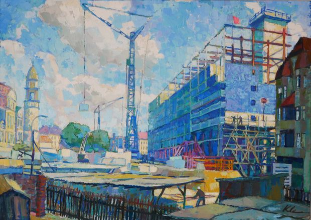 Gerhard Klemm, Das erste Hochhaus Bautzens Ein Gemälde von Gerhard Klemm. Zu sehen ist das sich gerade im Bau befindliche Haus am Kornmarkt.