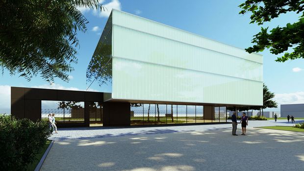 Visualisierung Außenansicht der neuen Turnhalle der Dr. S.-Allende-Oberschule