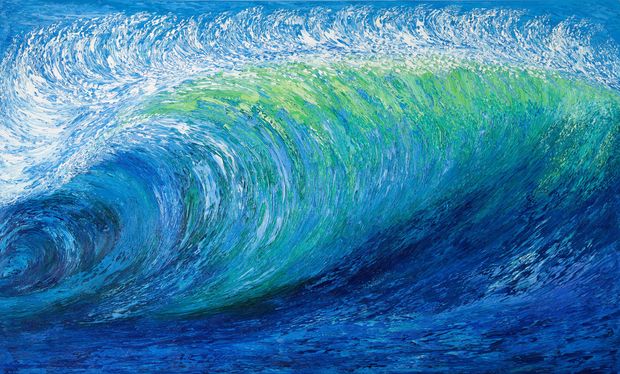 Blaue-türkise, schäumende Welle. Gemalt mit strahlenden Acrylfarben.