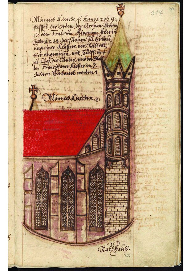 Archivverbund Bautzen, Stadtarchiv, Bestand 68002-188/1 Abbildung der Mönchskirche in der Klahre-Wahren-Chronik. Archivverbund Bautzen, Stadtarchiv, Bestand 68002-188/1 Abbildung der Mönchskirche in der Klahre-Wahren-Chronik.