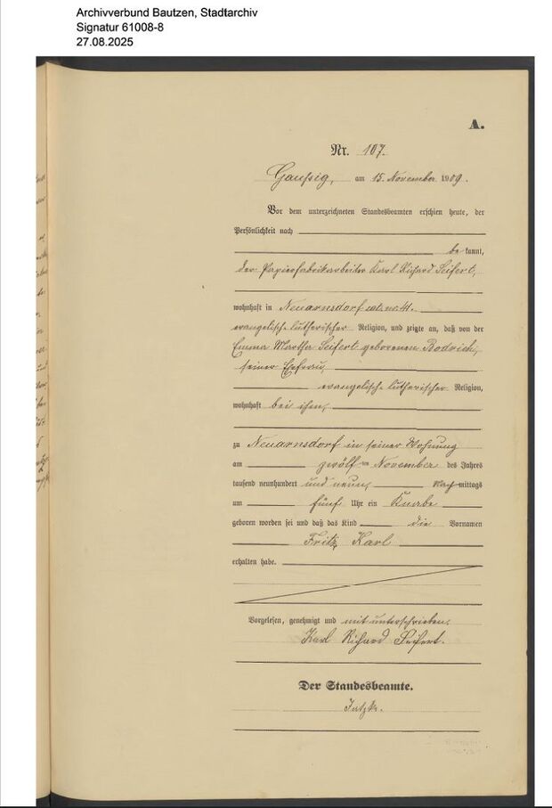 Digitalisat eines Geburtseintrags des Standesamtes Gaußig (Archivverbund Bautzen, Stadtarchiv, Nr. 61008-8)