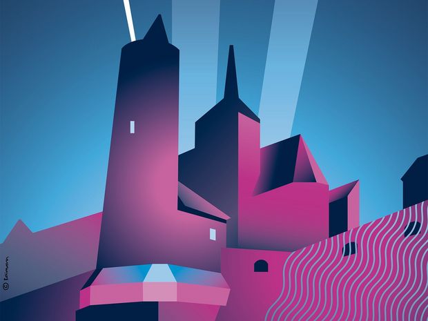 Grafik Alte Wasserkunst und Michaeliskirche in den Farben lila und blau