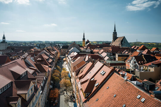 Blick vom Reichenturm auf Reichenstraße Blick über die Dächer und Häuser der Reichenstraße