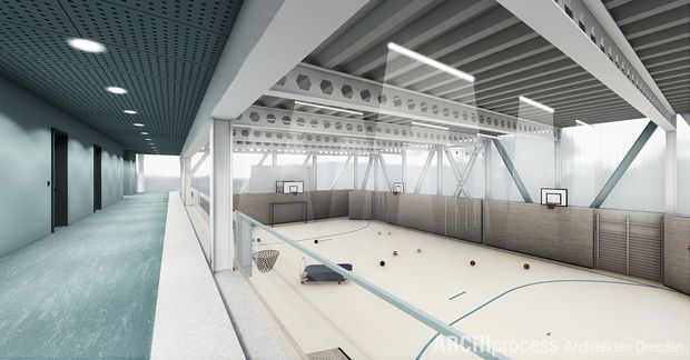 Visualisierung Innenansicht der neuen Turnhalle der Dr. S.-Allende-Oberschule