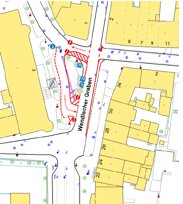grafische Darstellung zum Verkehrsversuch an der Kreuzung Wendischer Graben/Toepferstraße