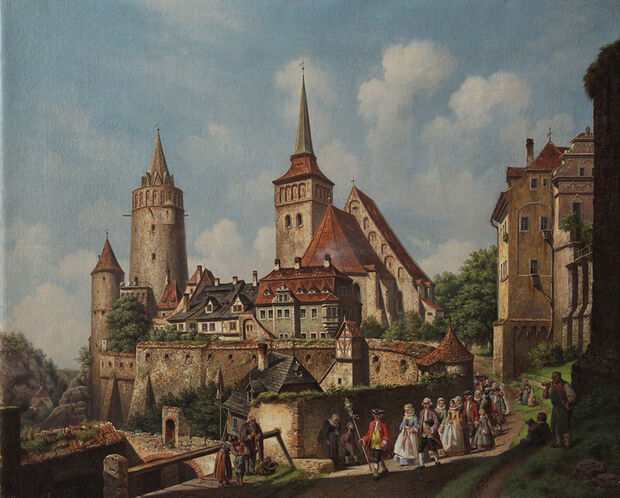 Carl Franz Ludwig Kergel (1814–1874): Blick von der Mühltorgasse zur Mönchsbastei und zum Wendischen Kirchhof mit der Alten Wasserkunst und der Michaeliskirche. 1863. Öl auf Leinwand. © Museum Bautzen: 10674
