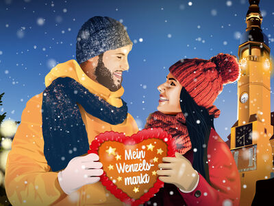 gemaltes Bild eines Paares Ein gemaltes Bild mit blauem Hintergrund. In der rechten Ecke steht das gelbe Rathaus, in der linken Ecke steht ein großer, grüner bunt geschmückter Weihnachtsbaum im Vordergrund ist ein Mann mit gelber Jacke und eine Frau mit roter Jacke und Mütze welche gemeinsam ein Lebkuchen Herz halten auf dem in weiß "Wenzels Markt" steht