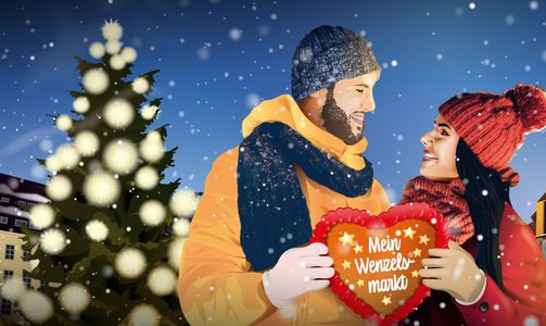 Ein gemaltes Bild mit blauem Hintergrund. In der rechten Ecke steht das gelbe Rathaus, in der linken Ecke steht ein großer, grüner bunt geschmückter Weihnachtsbaum im Vordergrund ist ein Mann mit gelber Jacke und eine Frau mit roter Jacke und Mütze welche gemeinsam ein Lebkuchen Herz halten auf dem in weiß "Wenzels Markt" steht