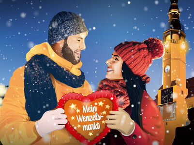 gemaltes Bild eines Paares Ein gemaltes Bild mit blauem Hintergrund. In der rechten Ecke steht das gelbe Rathaus, in der linken Ecke steht ein großer, grüner bunt geschmückter Weihnachtsbaum im Vordergrund ist ein Mann mit gelber Jacke und eine Frau mit roter Jacke und Mütze welche gemeinsam ein Lebkuchen Herz halten auf dem in weiß "Wenzels Markt" steht