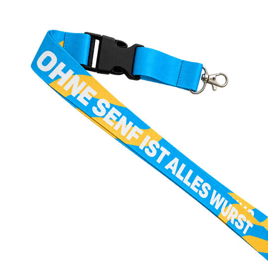 türkisfarbenes Lanyard mit gelben Akzenten und weißer Schrift Ohne Senf ist alles Wurst