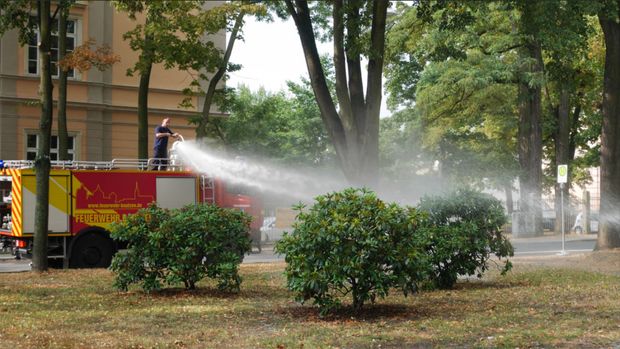 Die Feuerwehr wässert Sträucher in den Schilleranlagen