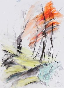 Ginkaku-ji Kyoto Gemälde mit Aquarellkreide und Aquarell gemalt. Inspiriert durch einen japanischen Garten. Das Bild zeigt abstrakte schwarze, senkrechte Linie. Von diesen zweigen am unteren Ende schwarze Linien im nahezu rechten Winkel ab. Diese sind dann in einem hellen Gelb verbunden. Am rechten Rand befindet sich ein hell-türkises Farbfeld. Die Spitzen der senkrechten schwarzen Linien sind durch ein orange-rotes Farbfeld verbunden.
