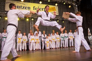 Bautzener Frühlingsimpression - Karatevorführung: ein Sportler springt und zerschlägt links und rechts eine Holzplatte
