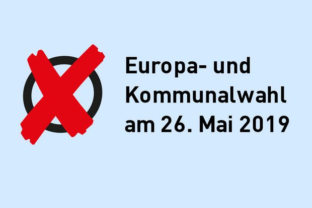 Grafik zur Europa- und Kommunalwahl am 26. Mai 2019 mit rotem Wahlkreuz