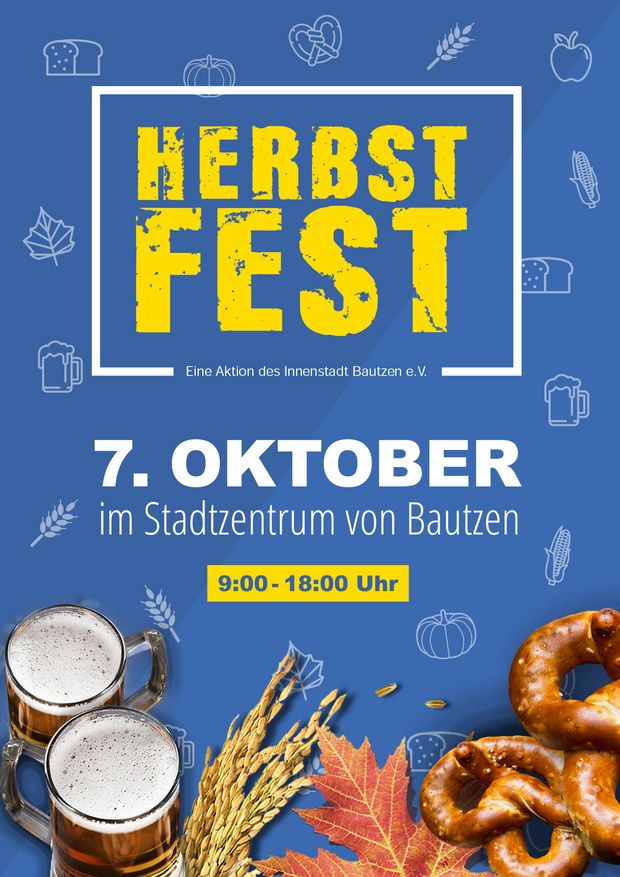 Plakatmotiv für Herbstmarkt – Brezeln und zwei Biergläser auf blauen Hintergrund