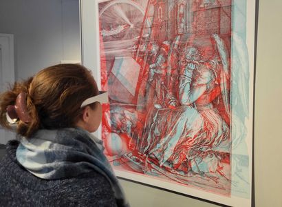 Philosophisch-mathematische Erquickstunden Eine Besucherin schaut mit einer 3D Brille auf eine für 3D-Ansicht umgewandelte Grafik.