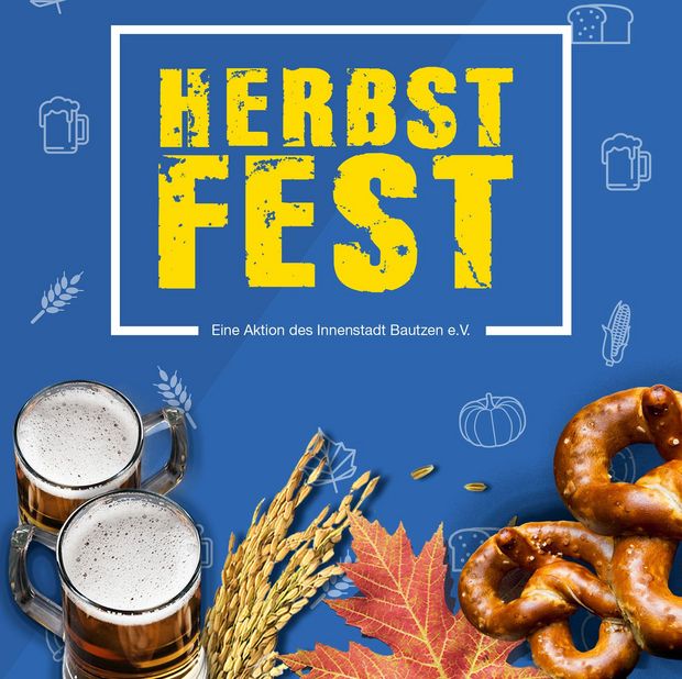 Motiv Herbstmarkt 2019 auf blauem Hintergrund zwei Biergläser und Brezeln