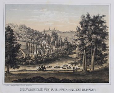 Pulverfabrik von Friedrich Wilhelm Steinbock. Neusalza, um 1860. Kreide- und Federlithographie mit Tonplatte, koloriert. Museum Bautzen.