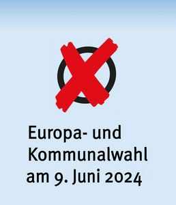 Grafik Wahl Blaues Rechteck mit einem schwarzen Kreis in der Mitte. Der Kreis ist mit einem roten Kreuz markiert.