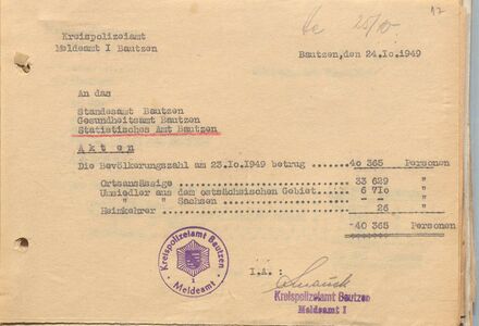 Angabe zur Bevölkerungsstatistik in Bautzen im Oktober 1949