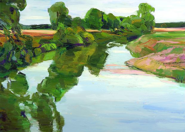 Ufergeälde Ölgemälde, an einem Fluss stehen tief grüne Bäume