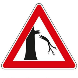 Muster eines Hinweisschildes dreieckiges Hinweisschild mit rotem Rand und Baum mit abgebrochenem Ast