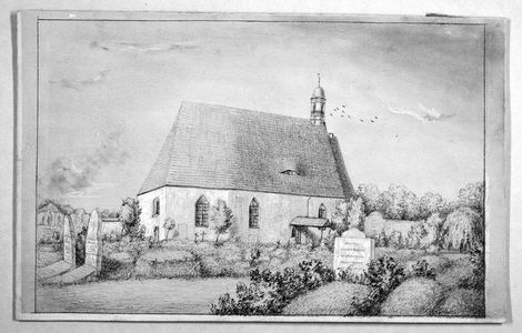Begräbnisstätte Taucherfriedhof Schwarz-Weißes Foto mit gezeichneter Kirche und Friedhof