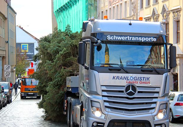 LKW mit dem Weihnachtsbaum für den Wenzelsmarkt 2019 fährt auf der Inneren Lauenstraße zum Hauptmarkt 