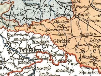 Kartenausschnitt mit den ehemaligen preußischen Gebieten von Senftenberg über Görlitz bis Lauban